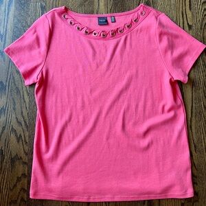 Rafaella pink cotton short sleeved top with grommet collar details, size XL
